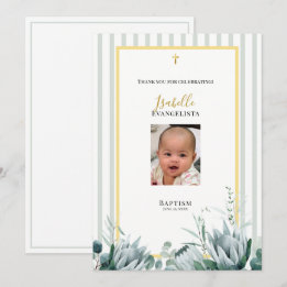 Elegante Salbeigrüne Goldene Tauf-Dankeskarten Einladung