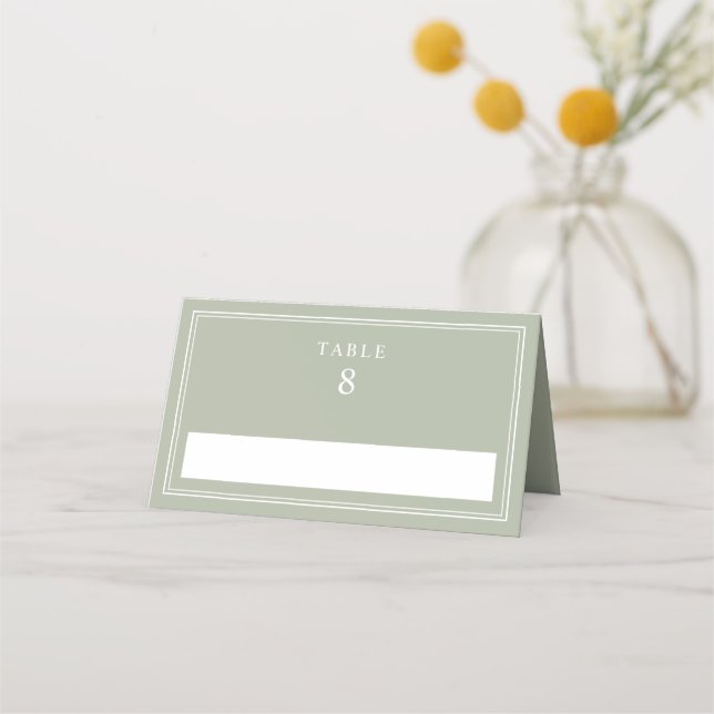 Elegante Salbeigrüne Hochzeit Platzkarte (Vorderseite)
