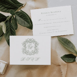 Elegante Salbeigrüne Monogramm-Wappen-Hochzeitsmen RSVP Karte