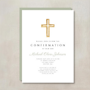Elegante Salbeigrüne Religiöse Kreuz-Konfirmation Einladung