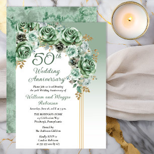 Elegante Salbeigrüne Rosen Floral 50. Hochzeitstag Einladung
