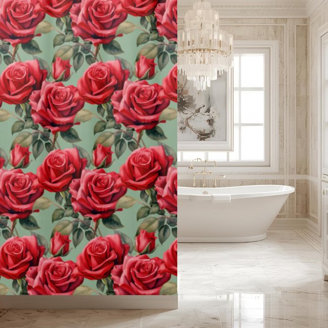 Elegante Salbeigrüne rote Rosen Duschvorhang (Von Creator hochgeladen)