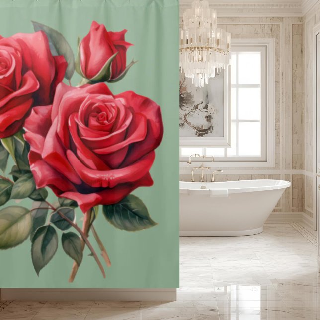 Elegante Salbeigrüne rote Rosen Duschvorhang (Von Creator hochgeladen)