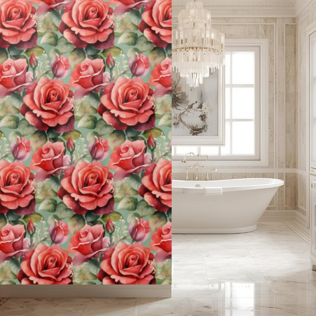 Elegante Salbeigrüne rote Rosen Duschvorhang (Von Creator hochgeladen)