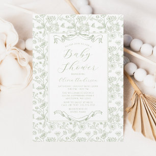 Elegante Salbeigrüne Schleife Vintage Florale Baby Einladung