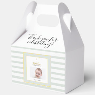 Elegante Salbeigrüne und Goldene Foto-Tauffeier Geschenkschachtel