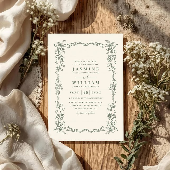 Elegante Salbeigrüne Vintage-QR-Code-Hochzeit Einladung (Von Creator hochgeladen)