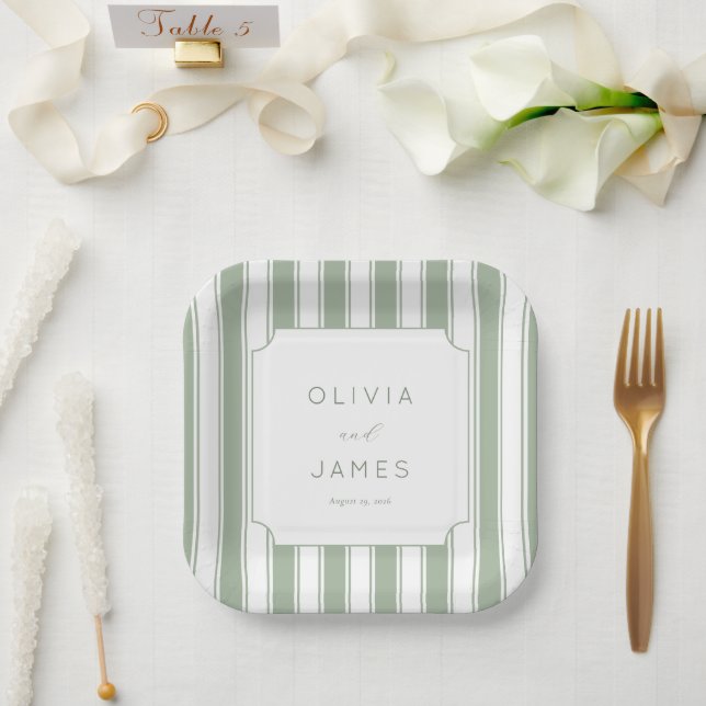 Elegante Salbeistreifen Pappteller (Hochzeit)
