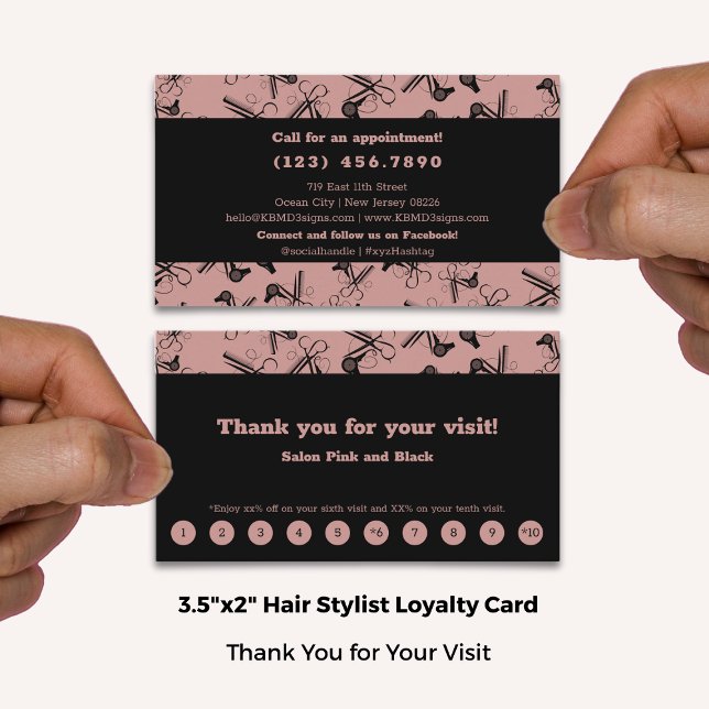 Elegante Salon Pink & Black Call Social Media Treuekarte (Elegant Salon Pink & Black Call Social Media Loyalty Card; Standard Size 3.5x2 Inch US)