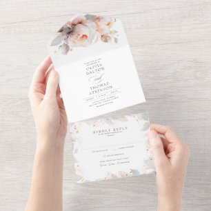 Elegante sanfte Licht-Rosenblumen Boho-Hochzeit All In One Einladung