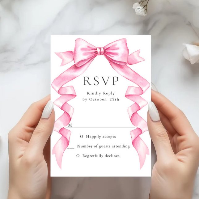 Elegante, sanfte, rosa, handgezeichnete Bow-Hochze RSVP Karte (Von Creator hochgeladen)