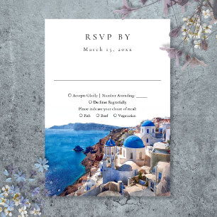 Elegante Santorin Griechenland Wasserfarben-Hochze RSVP Karte