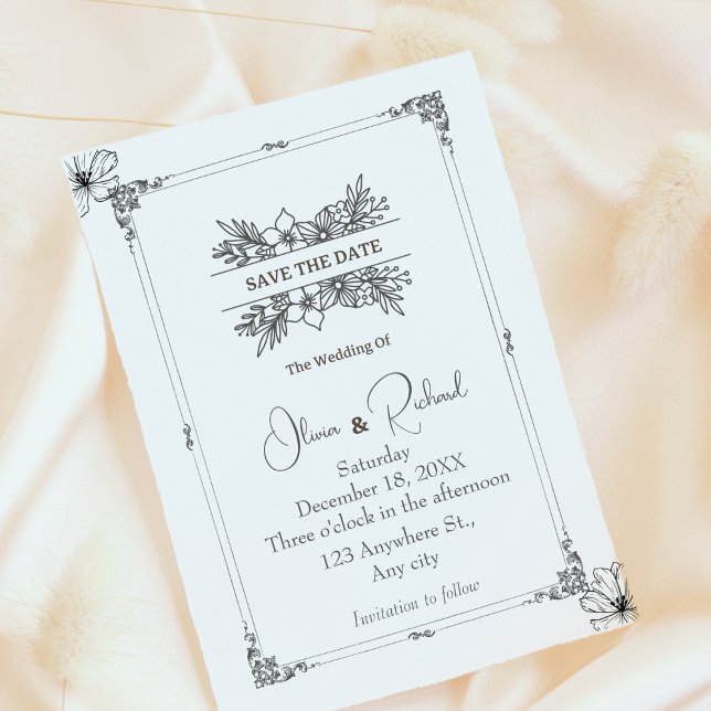Elegante Save the Date Blumenankündigung (Elegant Floral Save The Date Black and White Announcement Cards)