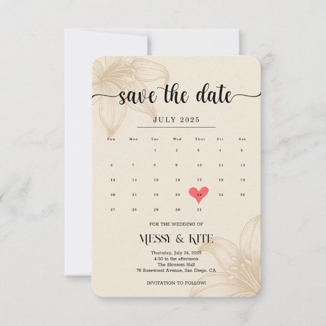 Elegante Save the Date Card - Beige Botanische Kar (Vorderseite)