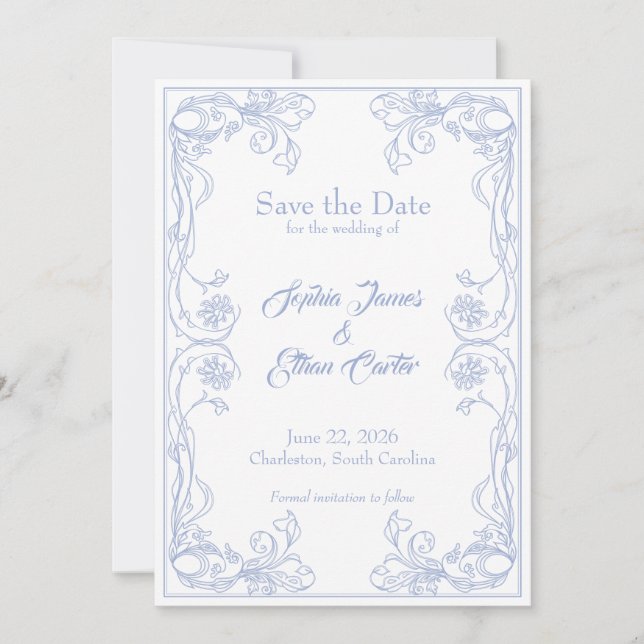 Elegante Save the Date Card - Blue Rose Filigree Einladung (Vorderseite)