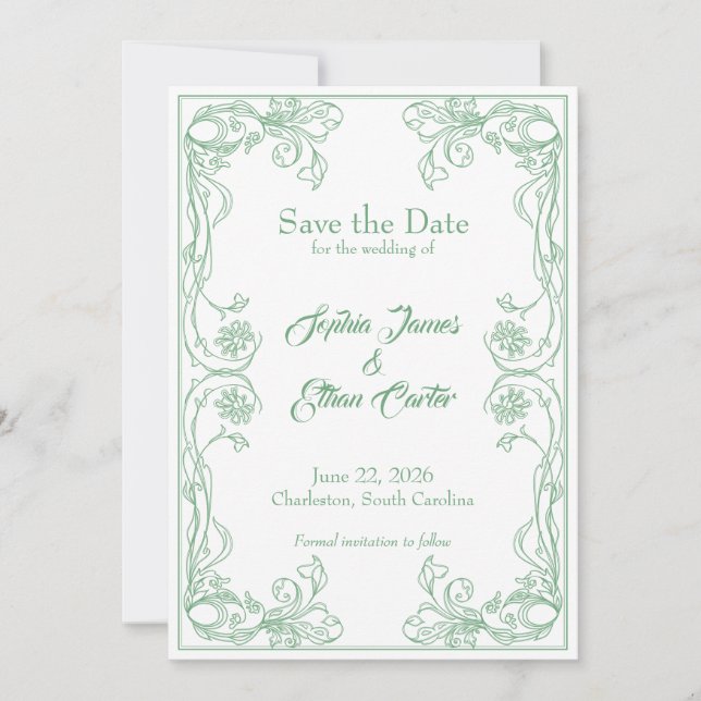 Elegante Save the Date Card - Green Rose Filigree Einladung (Vorderseite)