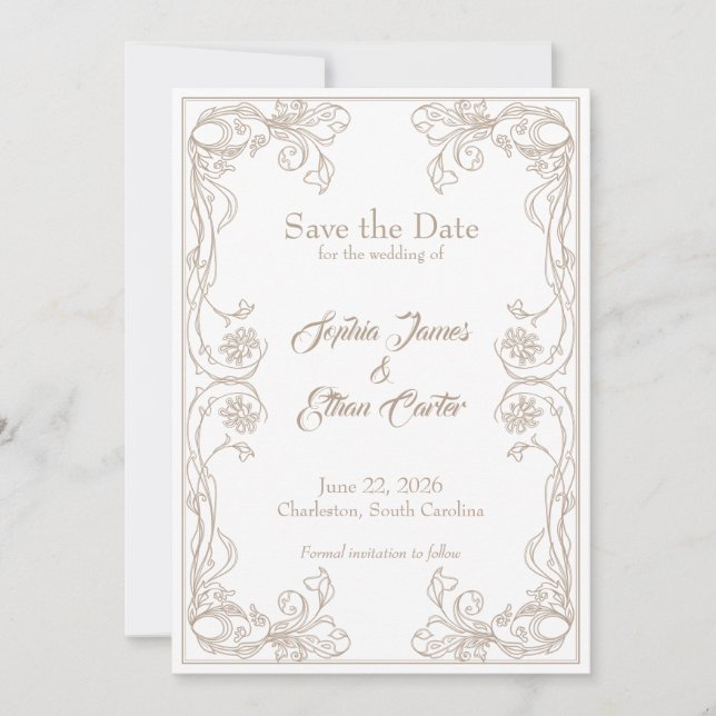 Elegante Save the Date Card - Sand Rose Filigree Einladung (Vorderseite)