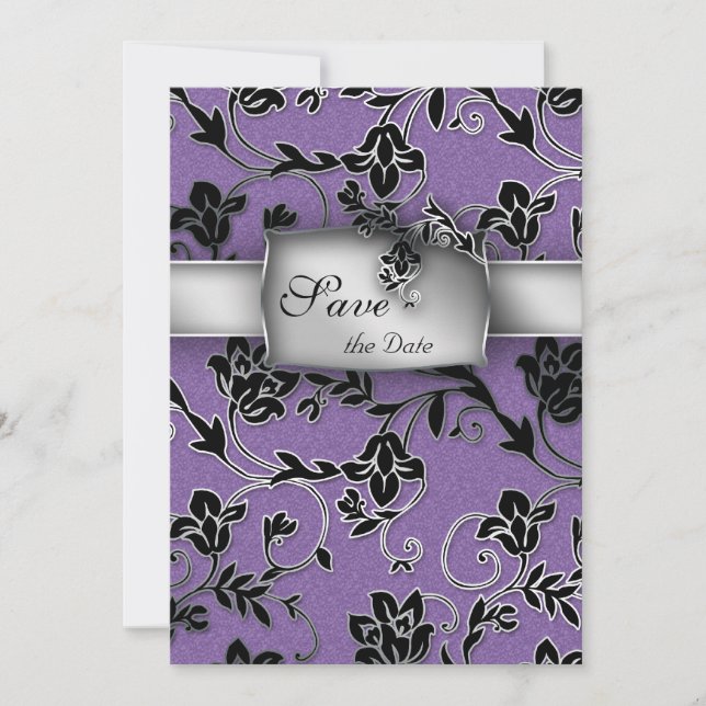 Elegante Save the Date Card Silver Floral Lila (Vorderseite)
