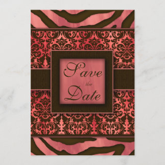 Elegante Save the Date Card Zebra Damask Coral