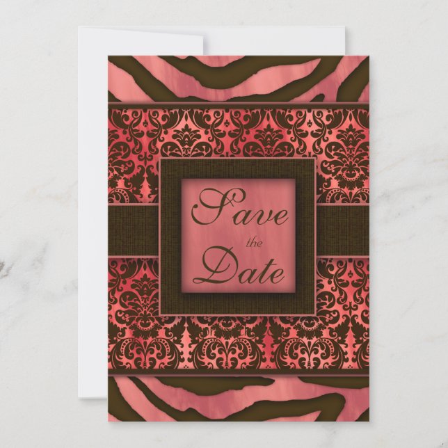 Elegante Save the Date Card Zebra Damask Coral (Vorderseite)