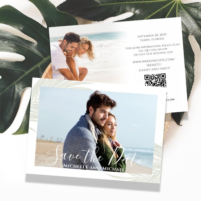 Elegante Save the Date Hochzeit in Urlaubsort Palm (Elegant green palm leaves photo save the date card. With a scannable QR Code. )