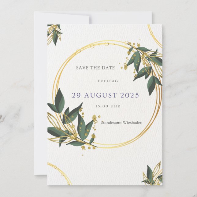 Elegante Save the Date Karte – Gold & Grün (Vorderseite)