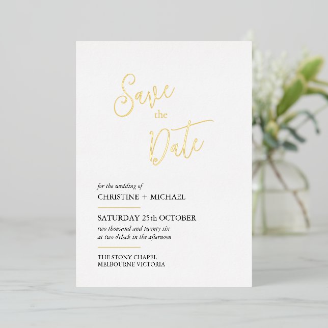 Elegante Save the Date-Karte, lakonisches Design Folieneinladung (Stehend vorne)
