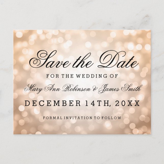 Elegante Save the Date-Kupferleuchten Ankündigungspostkarte (Vorderseite)