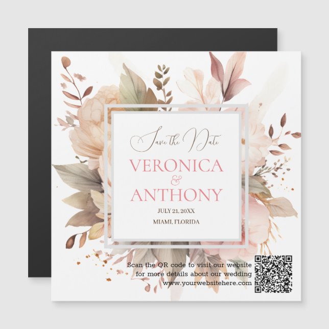 Elegante Save the Date QR Code Wildblume Hochzeit Magneteinladung (Vorne/Hinten)