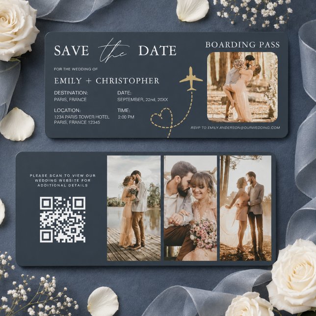 Elegante Save-the-Date-Stehplatz-Karte Flugticket  (Von Creator hochgeladen)