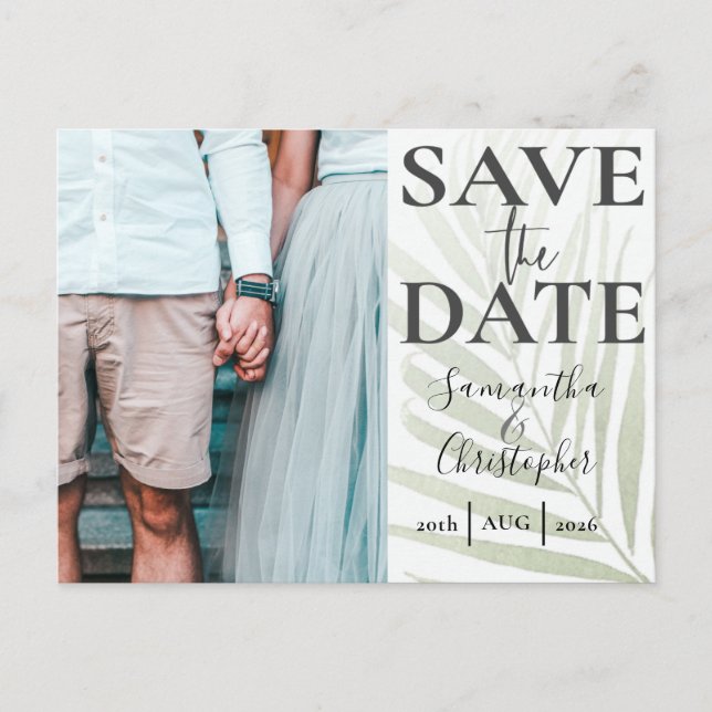 Elegante Save the Date Tropical Foto Wedding Ankündigungspostkarte (Vorderseite)
