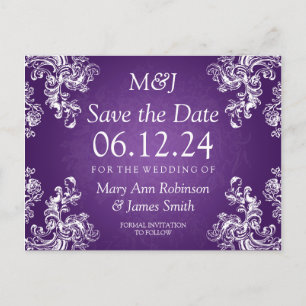 Elegante Save the Date Vintage Wirbel 2 Lila Ankündigungspostkarte