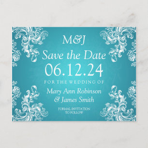 Elegante Save the Date Vintage Wirbel 2 Türkis Ankündigungspostkarte