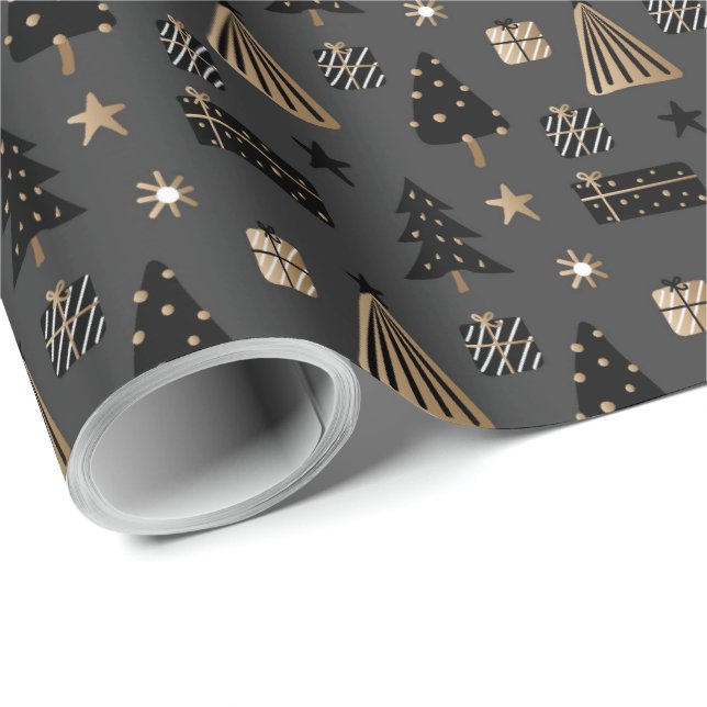 Elegante Scandi Christmas Gold & Black Wrapping Pa Geschenkpapier (Rolleneckpunkt)