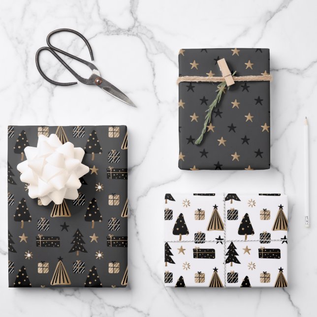 Elegante Scandi Christmas Gold & Black Wrapping Pa Geschenkpapier Set (Vorderseite)