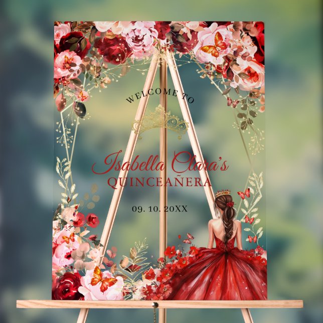 Elegante Scarlet Floral Gold Quinceñera Willkommen Acrylschild (Neutral)