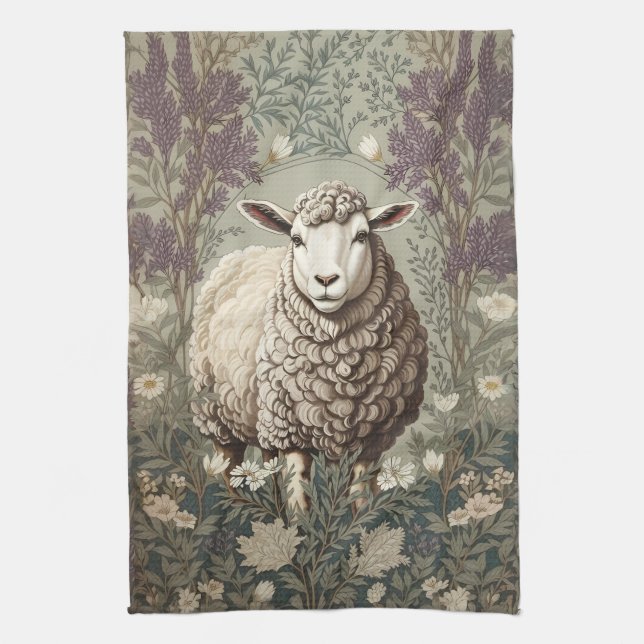 Elegante Schafe Lavendel Blumen Hintergrund Geschirrtuch (Vertikal)