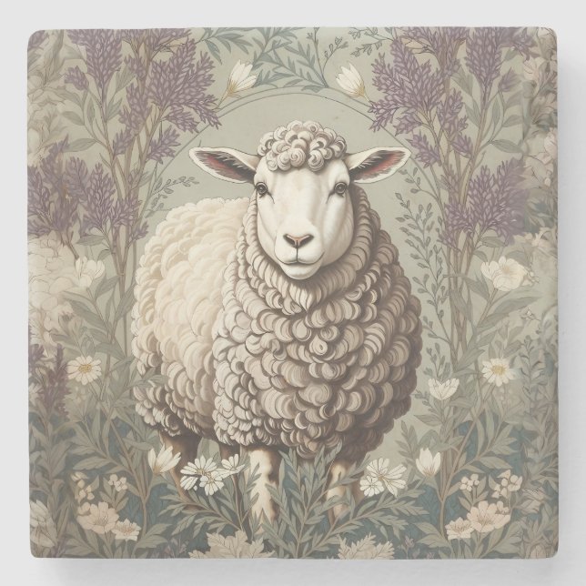 Elegante Schafe Lavendel Blumen Hintergrund Steinuntersetzer (Vorderseite)