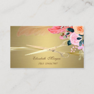 Elegante Schere, Blumen Feder Faux Gold Visitenkarte