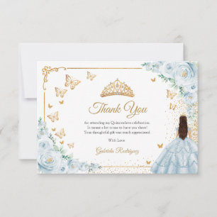 Elegante Schick Baby Blaue Rosen Gold Quinceanera Dankeskarte