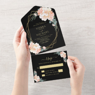 Elegante schicke Black Blush Gold Peach Floral Wed All In One Einladung