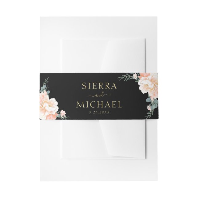 Elegante schicke Black Floral Peach Cream Gold Hoc Einladungsbanderole (Vorderseite Beispiel)