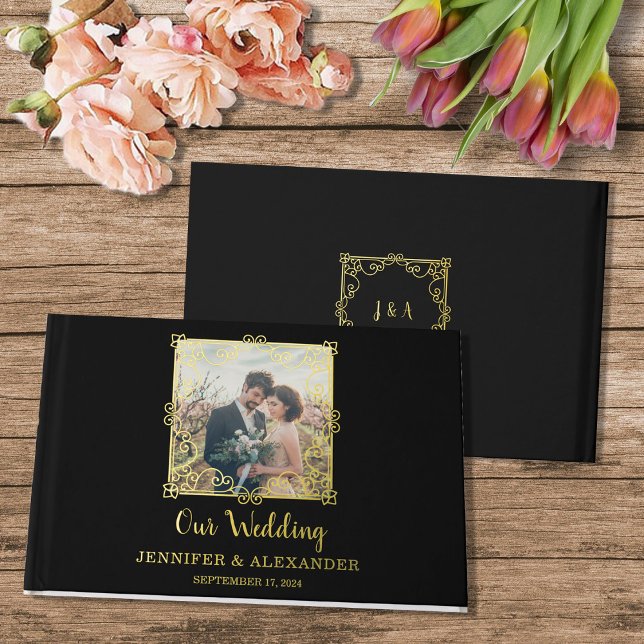 Elegante schicke Goldrahmen Foto Goldfolie Hochzei Gästebuch (Gold black monogrammed,  photo gold foil wedding guestbook.)