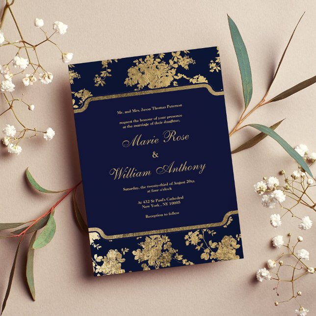 Elegante schicke marineblaue Imitate Goldblumenhoc Einladung (Elegant chic navy blue faux gold floral Wedding Invitation)