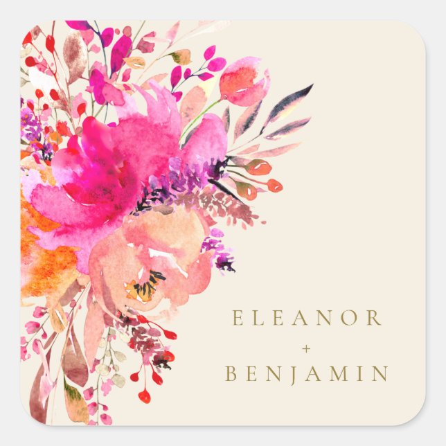 Elegante schicke Rosa Aquarell Blumencreme Quadratischer Aufkleber (Vorderseite)