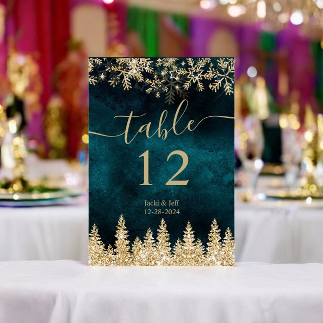 Elegante schicke Schrift Gold und Aquamarine Weihn Tischnummer (Elegant chic script Gold and Teal Winter Christmas Table Number)