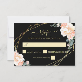 Elegante schicke Schwarz-Gold-Blush Peach Floral W RSVP Karte