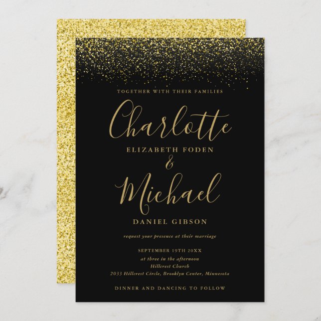 Elegante, schicke Schwarz-Gold-Glitzer-Script-Hoch Einladung (Vorne/Hinten)