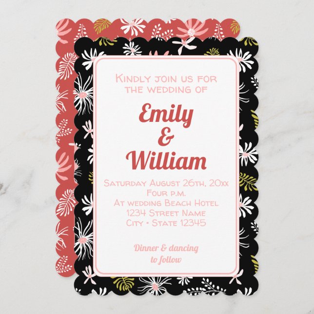 Elegante schicke, schwarz-rosa blumengeschmückte H Einladung (Vorne/Hinten)