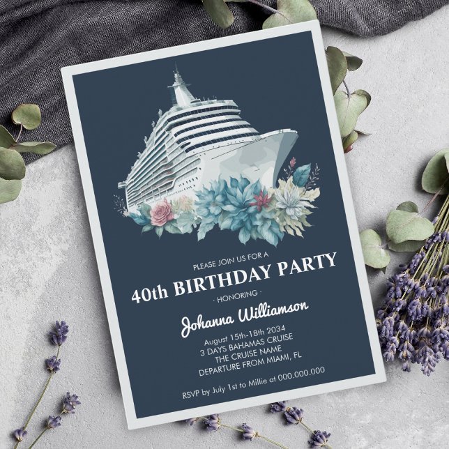 Elegante Schifffahrt Frauen 40. Geburtstag Party Einladung (Elegant Cruise Ship Trip Women 40th Birthday Party Invitation
)
